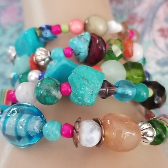 NWT Hand Crafted Semi Precious  Stone Glass Vintage Bead Wrap Bracelet - Picture 13 of 16